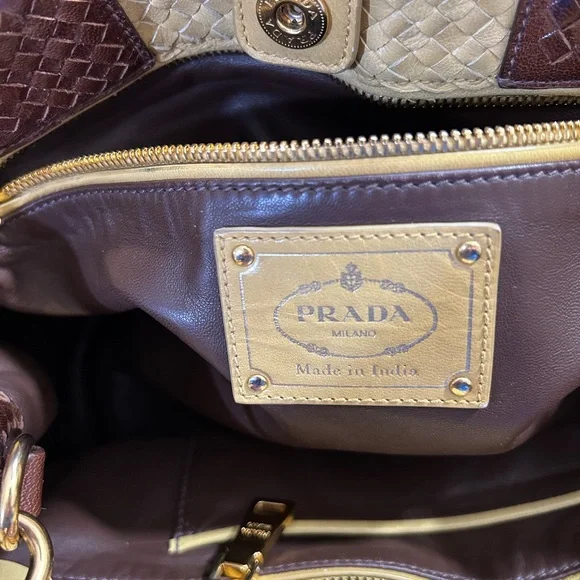 Prada Madras Woven and Leather Tote Bag - Picture 14 of 16